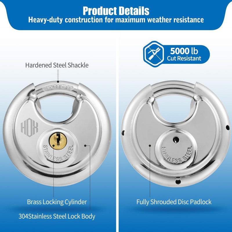 HOX Keyed Disc Padlock, Stainless Steel Keyed-Alike Padlocks, 6-Pack Heavy Duty Locks, Waterproof Outdoors Lock with 3/8 Inch Shackle, 2-3/4 Inch Wide Body, for Hasp Latch, Fences, Storage Locker - Image 2